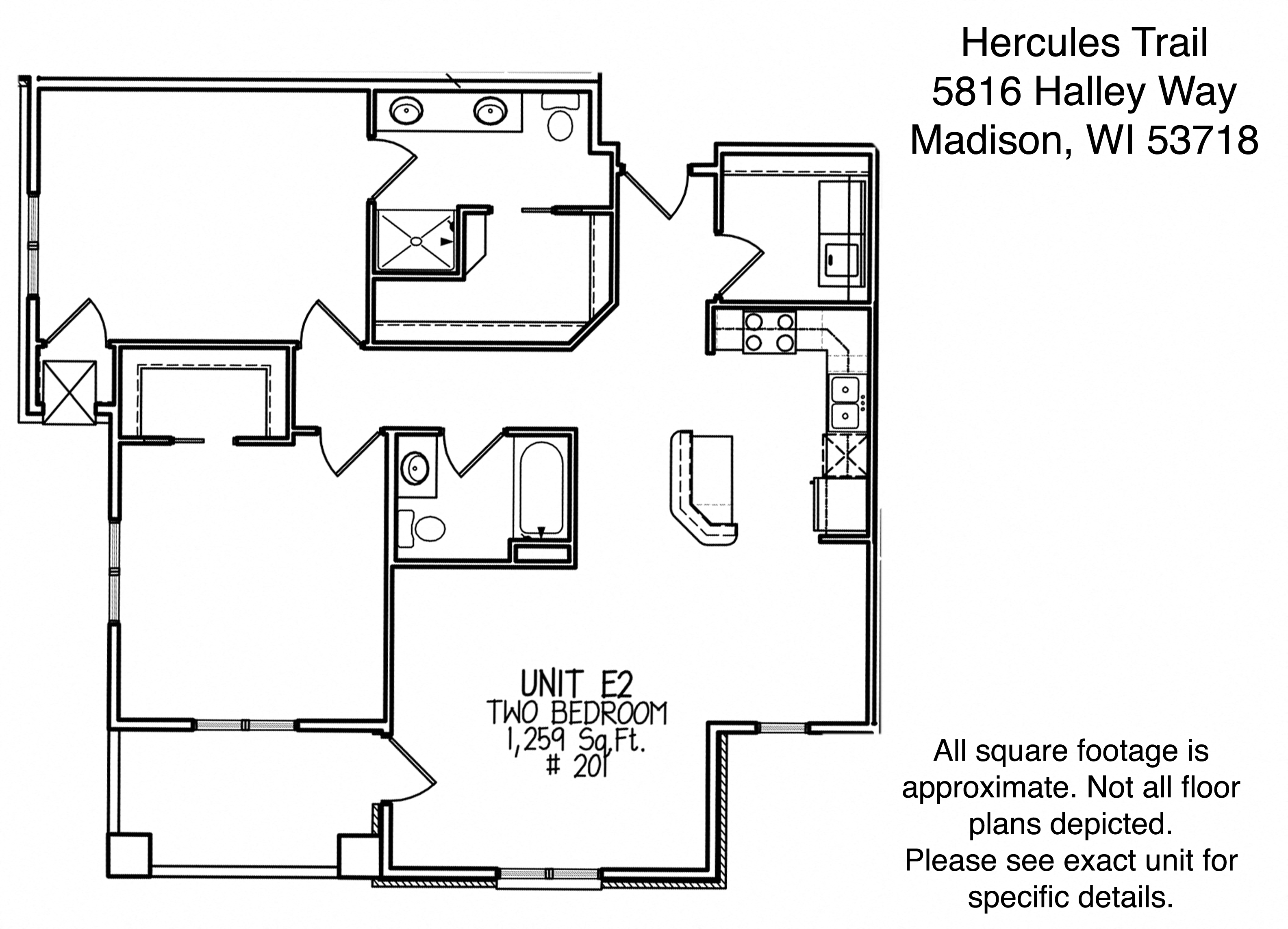 Floor plan for 2 beds, 2 baths, 1259 sqft
